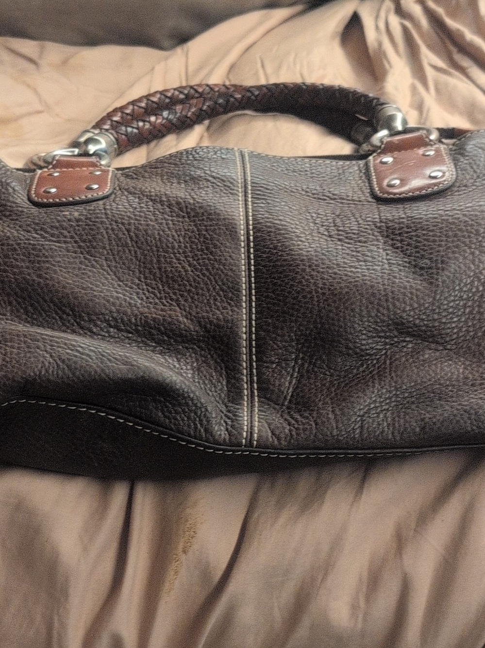 Fossil Dark Brown Braided-Handle Tote Bag